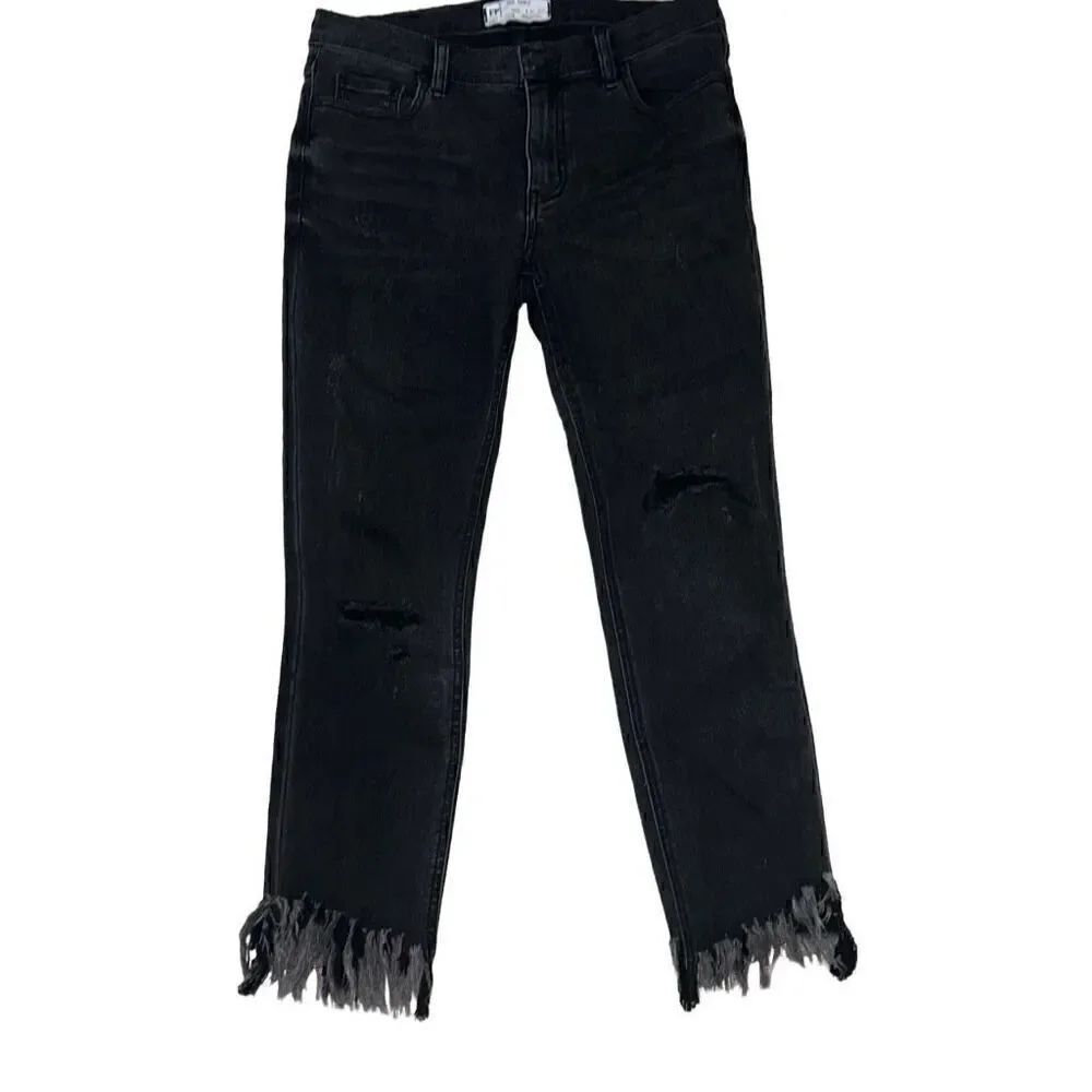 Free People Faded Black Skinny Denim Jeans Fringe Distressed Chewed Hem Sz 27